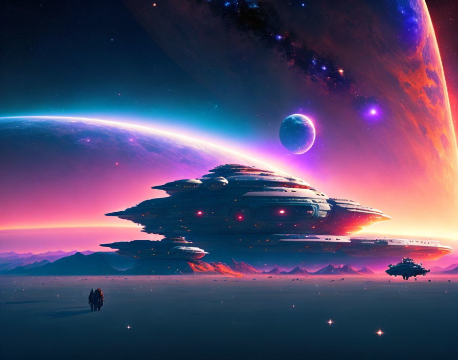 Futuristic spaceships over alien desert landscape and cosmos