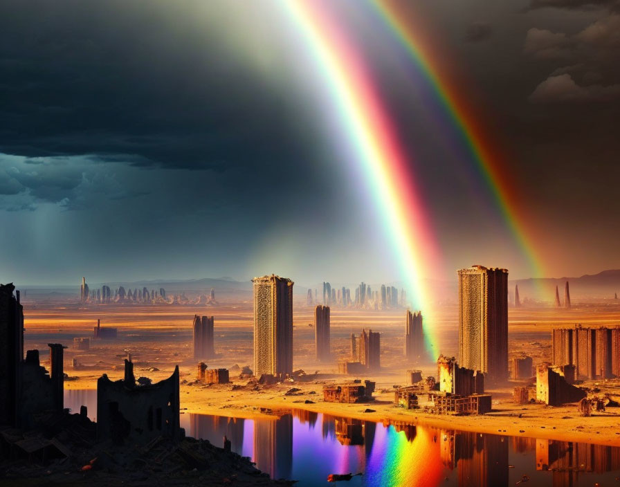 Urban landscape with double rainbow over stormy sky