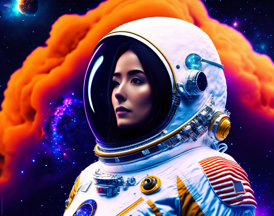 Woman astronaut portrait in detailed spacesuit helmet against vibrant cosmic background