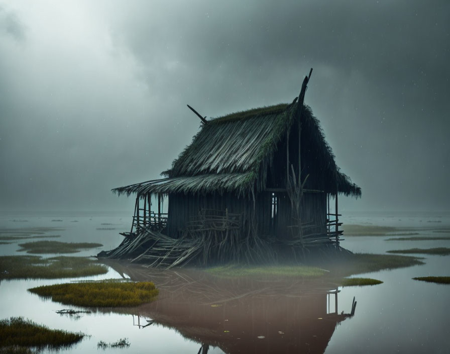 Thatched roof hut surrounded by water and greenery under overcast sky