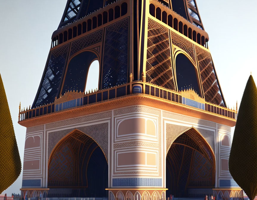 Digital artwork: Eiffel Tower merged with Islamic architecture at dusk