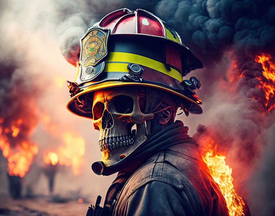 Skull-faced firefighter in helmet and mask engulfed by flames