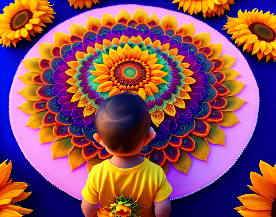 Child in Yellow Shirt Surrounded by Sunflowers and Mandala on Blue Background