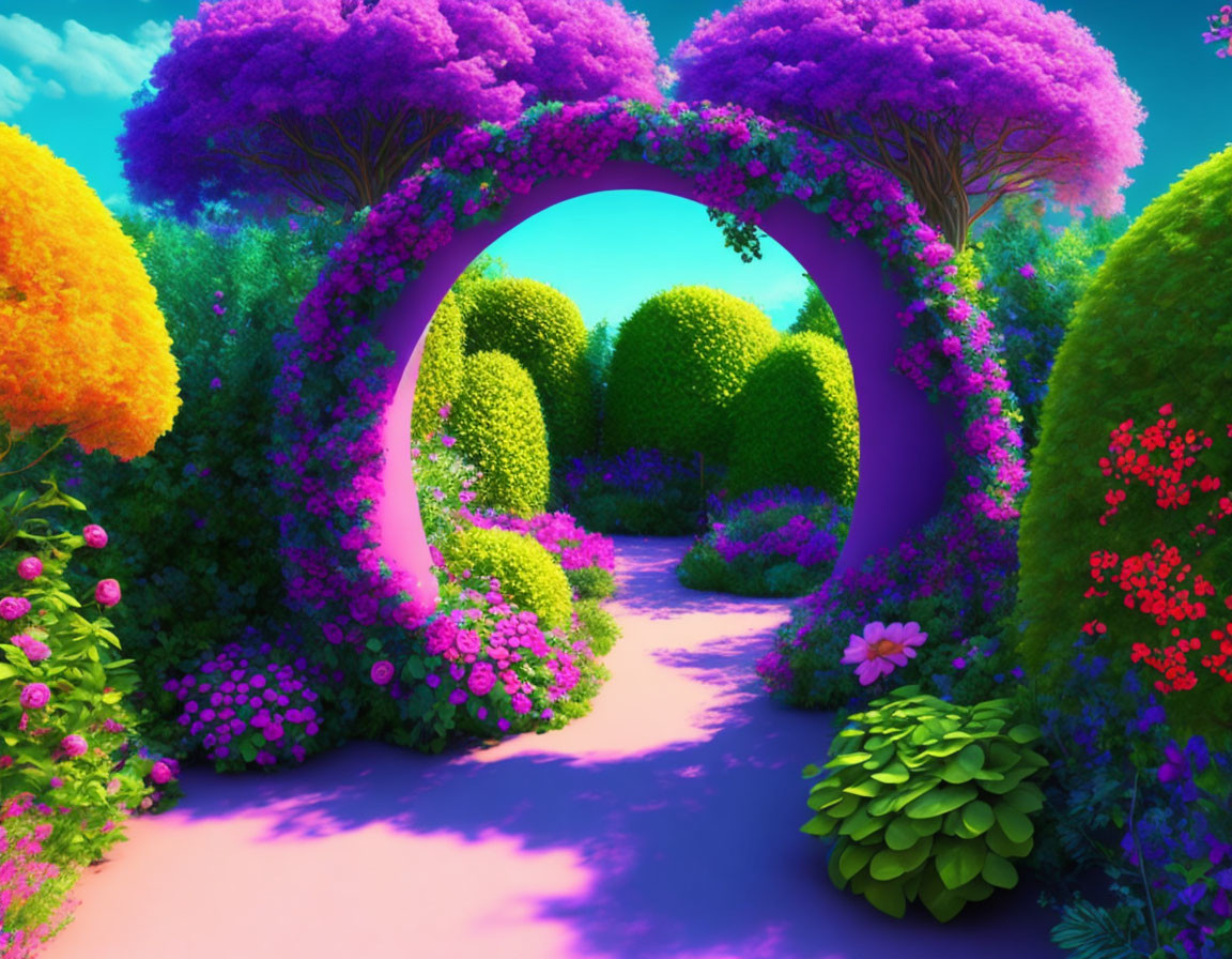 Colorful garden pathway with purple arch and lush greenery under blue sky