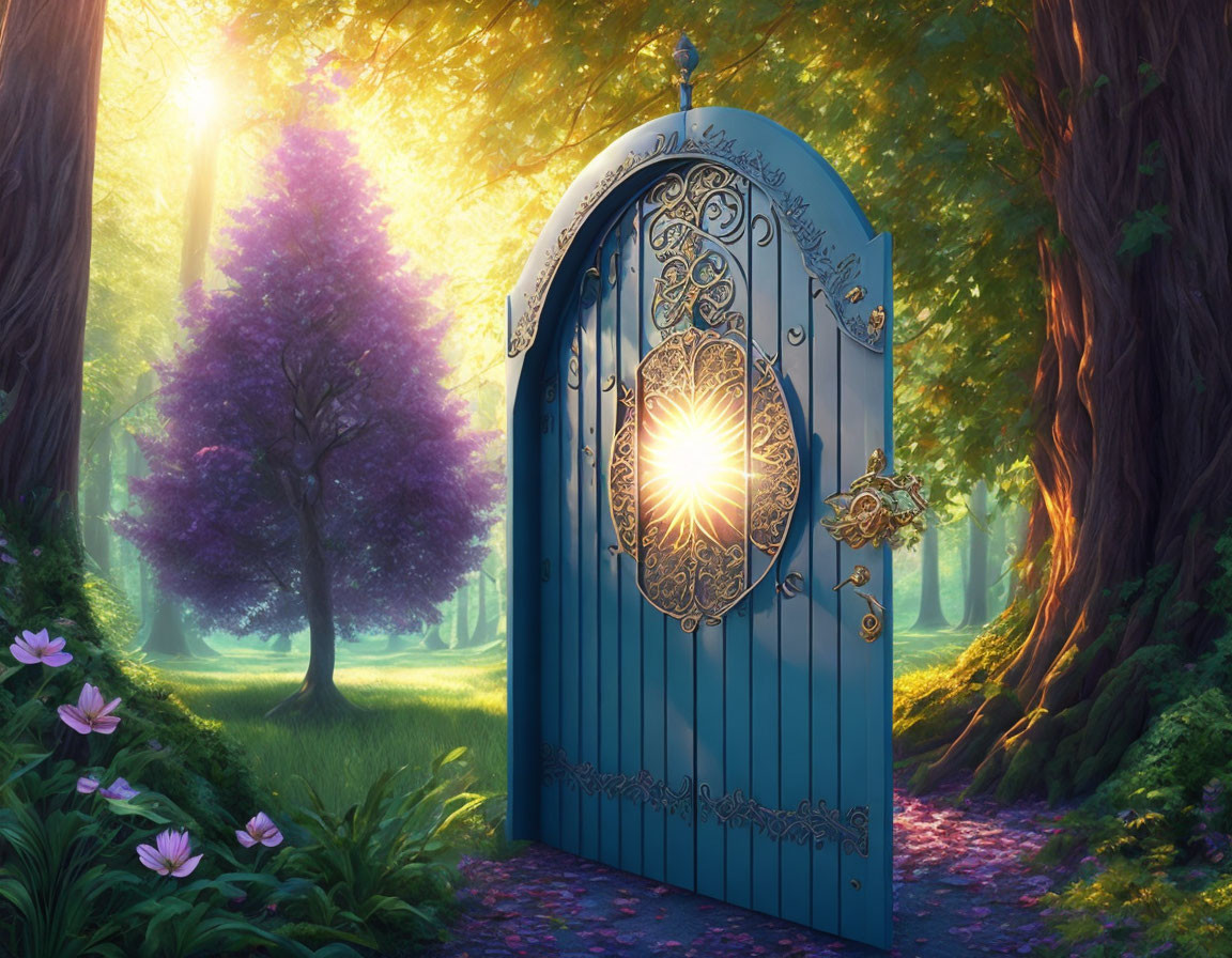 Blue ornate gate in magical forest with sunbeams and purple flowers