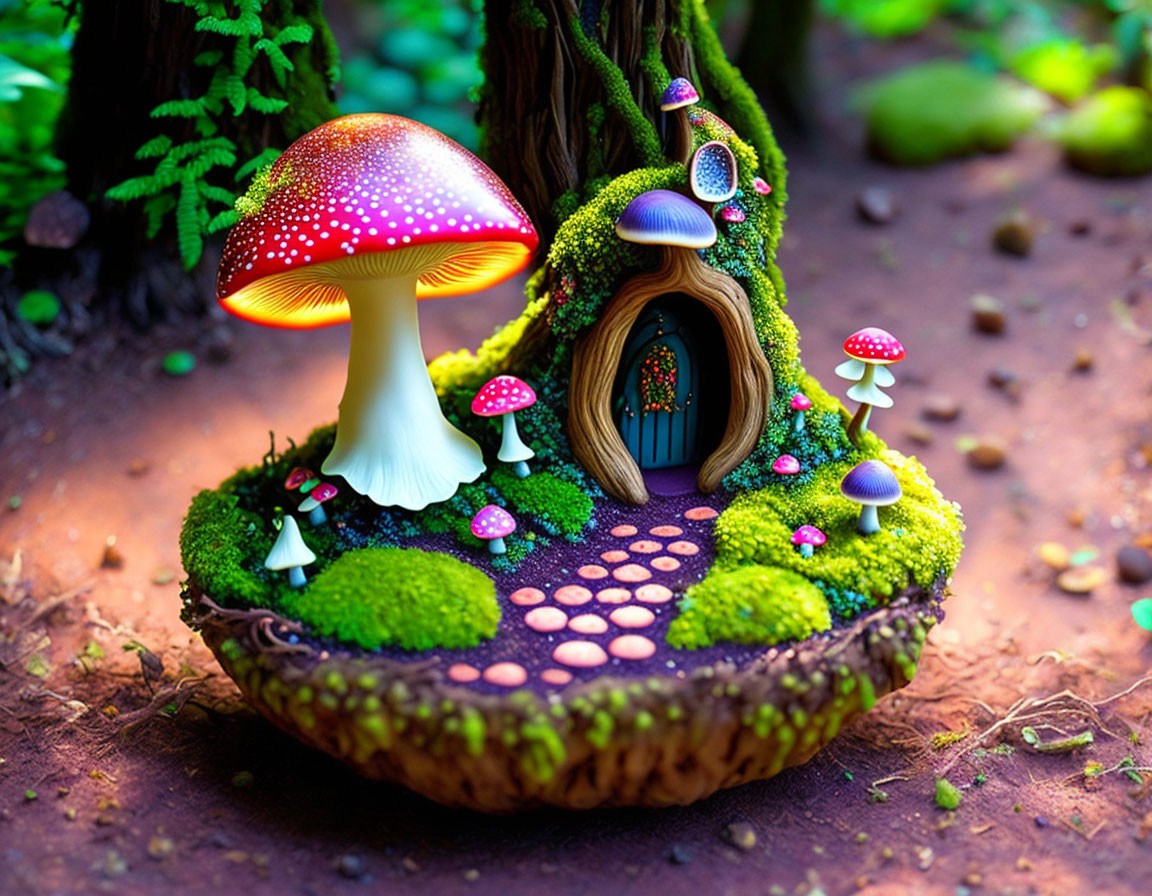 Miniature fairy house with tree door, mushrooms, greenery in nutshell