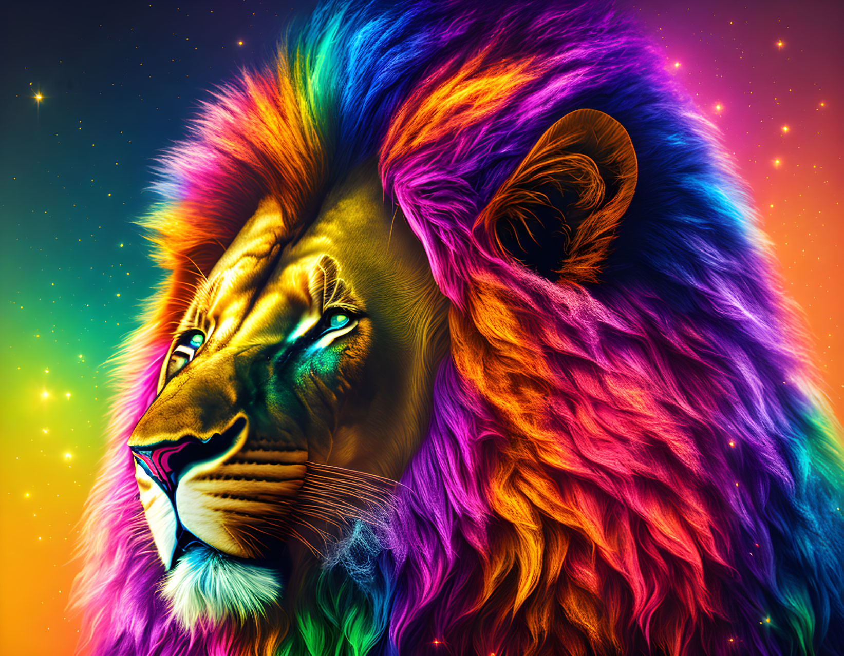 Colorful Lion with Rainbow Mane on Starry Background
