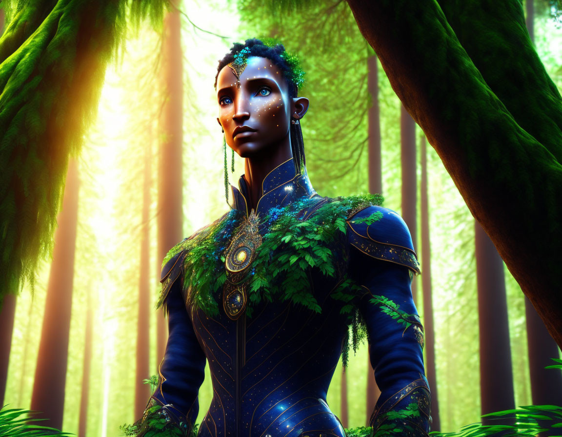 Ethereal blue-skinned female character in nature-inspired outfit amid sunlit mystical forest