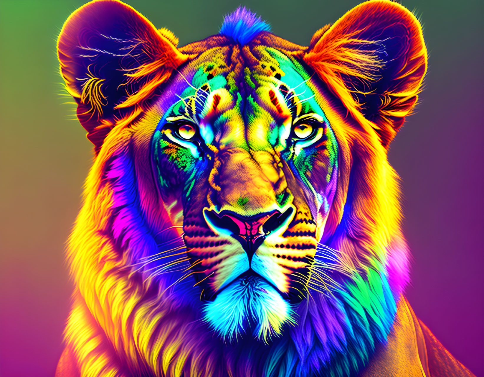 Colorful neon lion artwork on gradient background