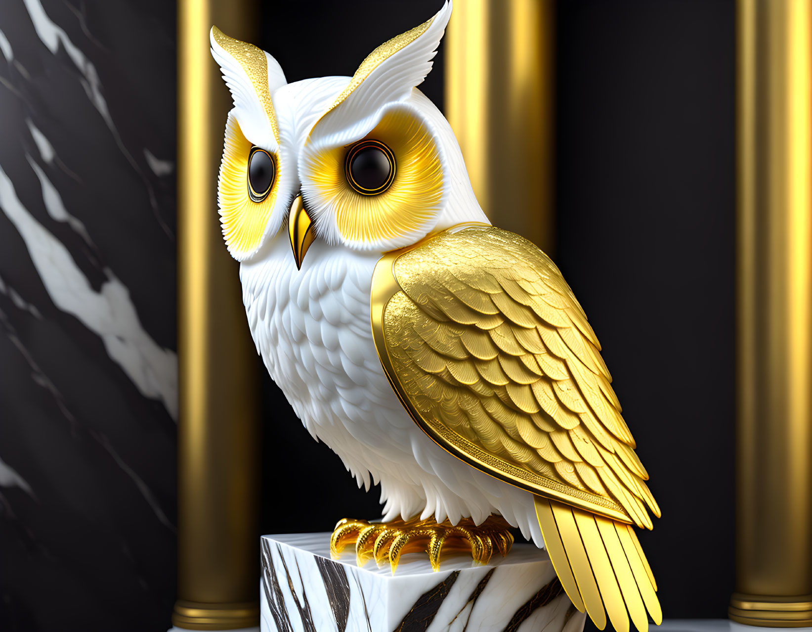 Golden and White Stylized Owl Sculpture on Marbled Pedestal