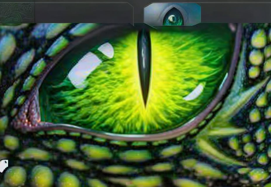 Green reptilian eye with vertical pupil and scaly skin, camera lens overlay