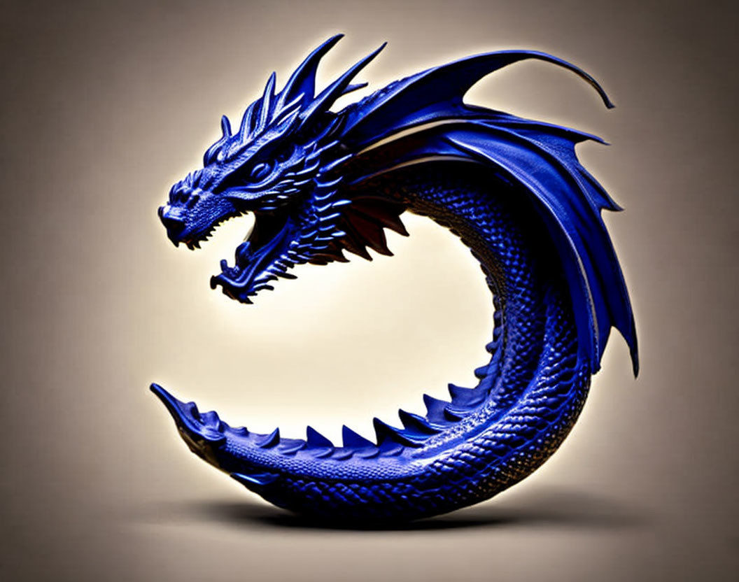 Blue Dragon Sculpture with Detailed Scales and Open Jaw on Beige Background