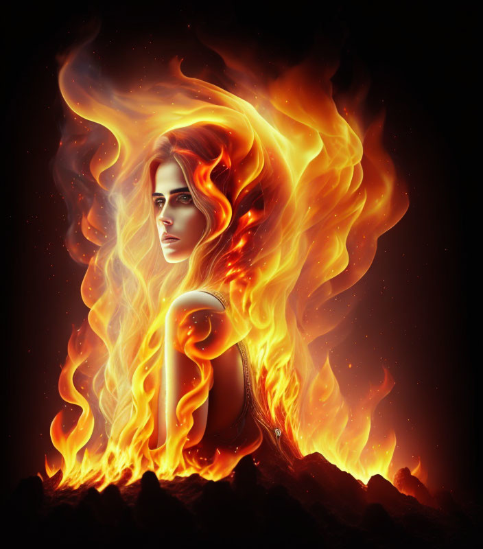 Woman's face merging with fiery flames on dark background