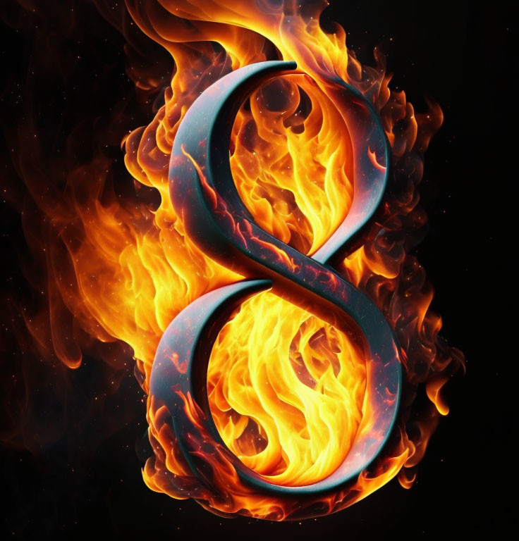 Vibrant "8" engulfed in orange and yellow flames on dark background