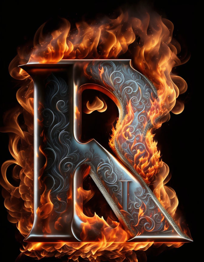 Flaming metallic "B" letter with intricate design and fiery accents