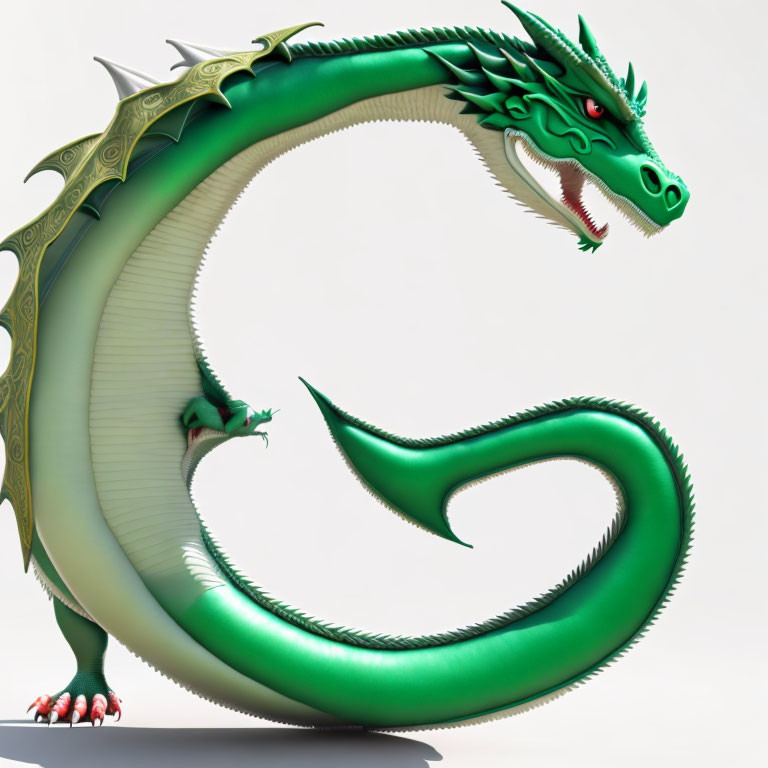 Green Dragon with Intricate Scales and Red Eyes on Neutral Background