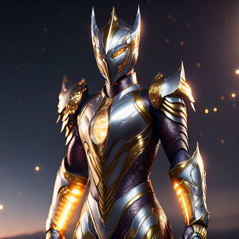 Futuristic knight in silver and gold armor under twilight sky