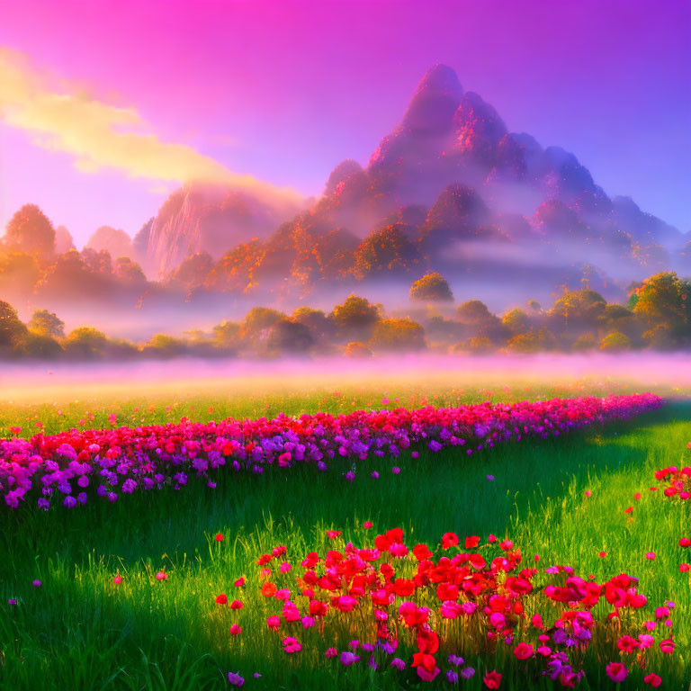 Scenic pink flower field under purple and orange sky with misty mountains