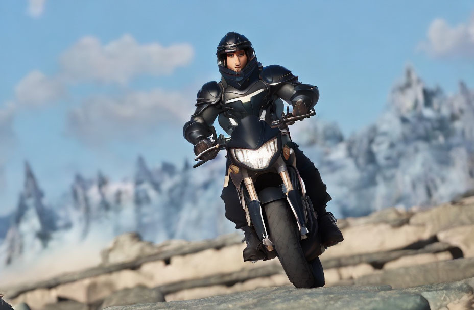 Futuristic person on motorcycle in rugged terrain with snow-capped mountains