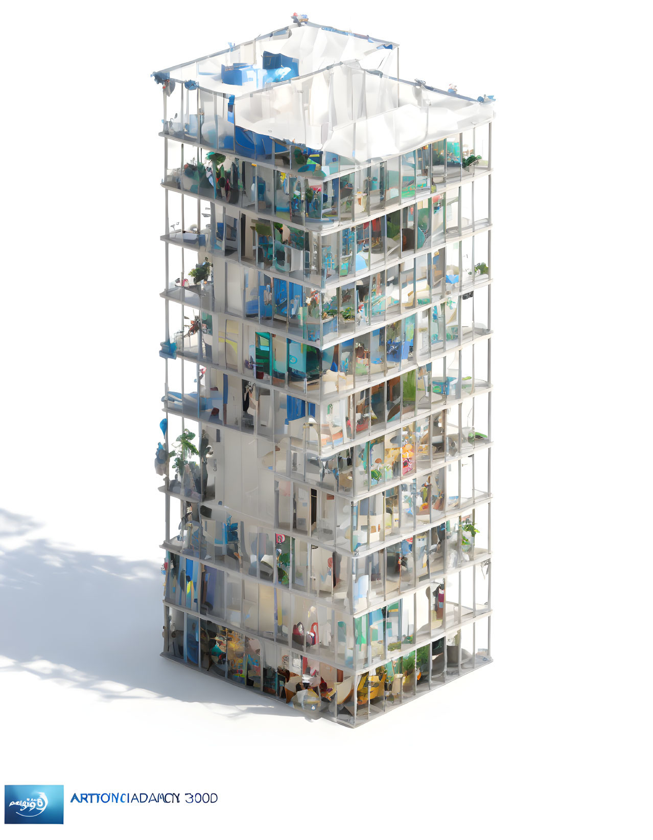 Detailed miniature model of multi-story building with transparent walls showcasing interior designs and activities.