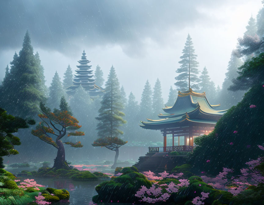 Ornate pagoda in misty woods with cherry blossoms