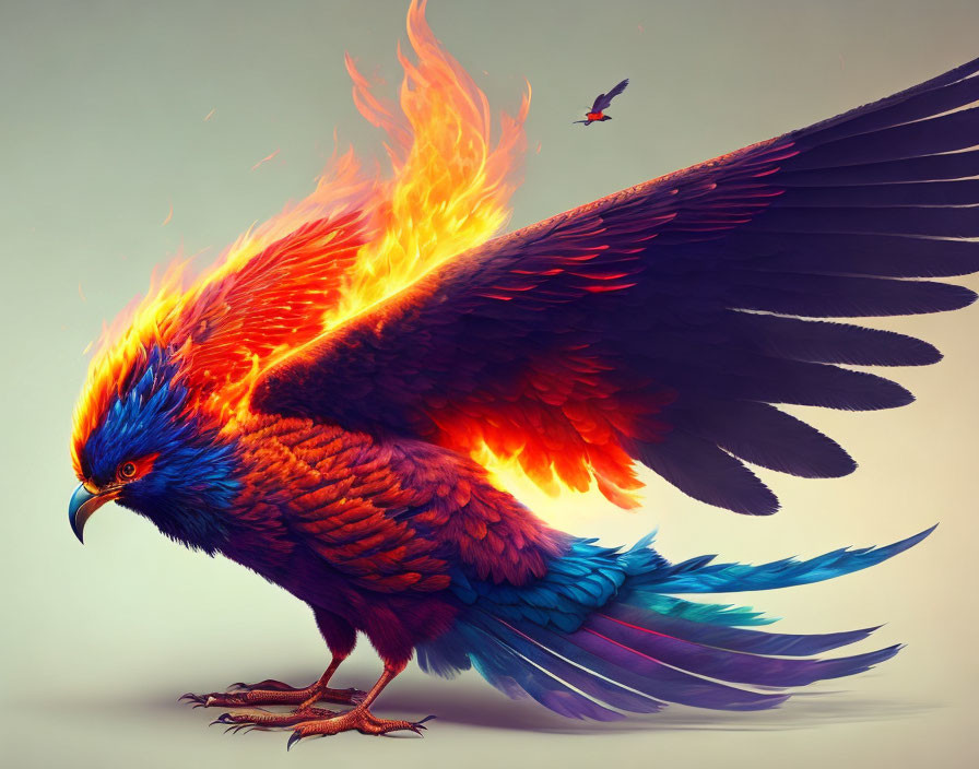 Colorful Phoenix with Fiery Tail and Crest, Smaller Bird Flying