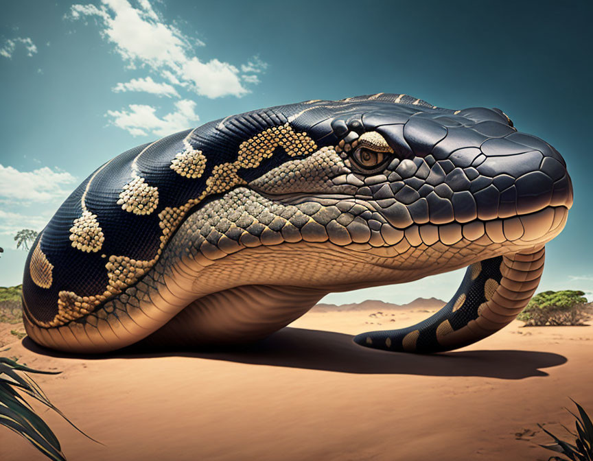 Detailed Illustration: Massive Snake Coiled in Desert Landscape