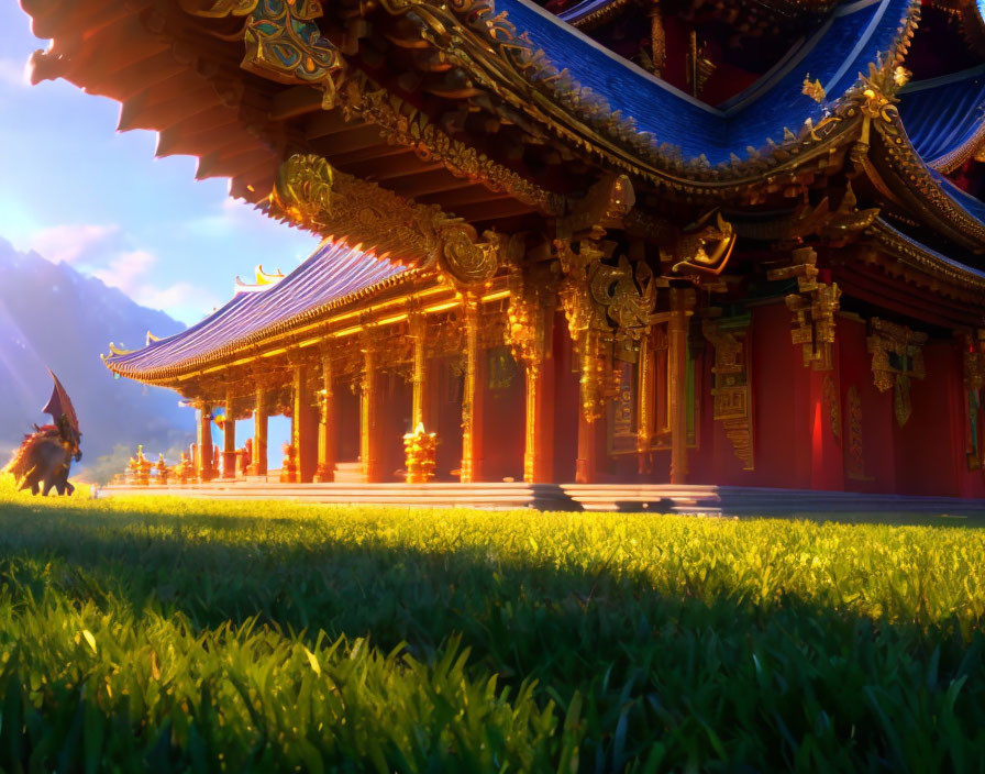 Colorful Asian Temple with Golden Details in Mountainous Sunrise