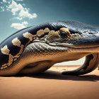 Detailed Illustration: Massive Snake Coiled in Desert Landscape