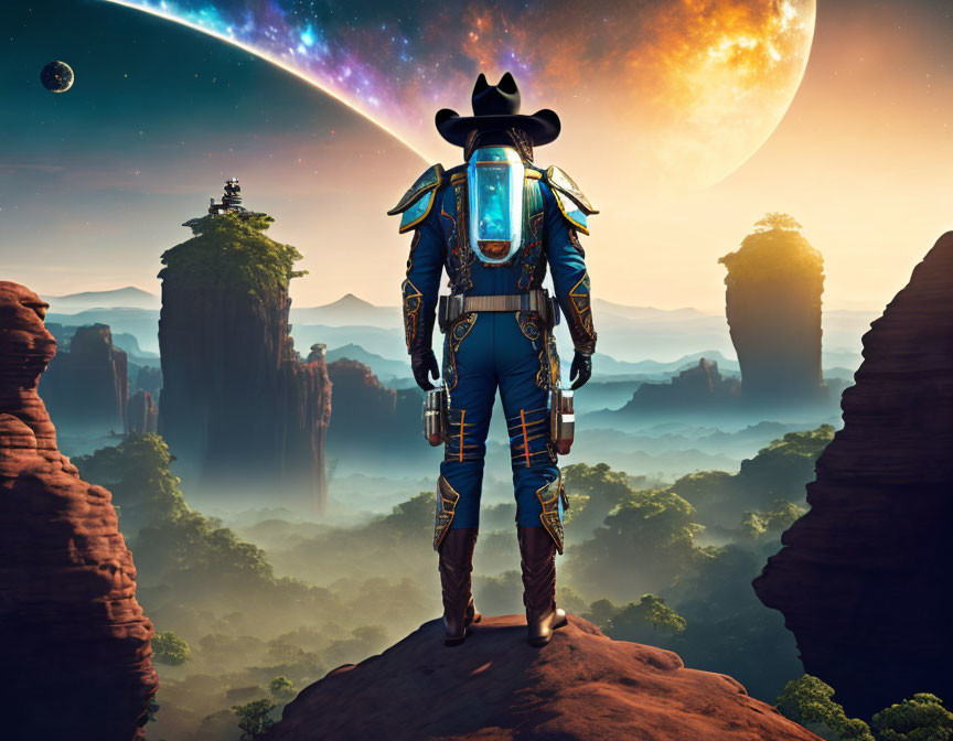 Futuristic cowboy in spacesuit on rocky outcrop with fantasy canyon landscape.