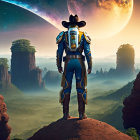 Futuristic cowboy in spacesuit on rocky outcrop with fantasy canyon landscape.