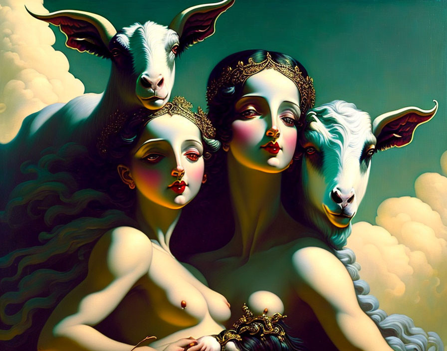 Stylized human-goat figures on clouds with serene woman and goat-headed beings