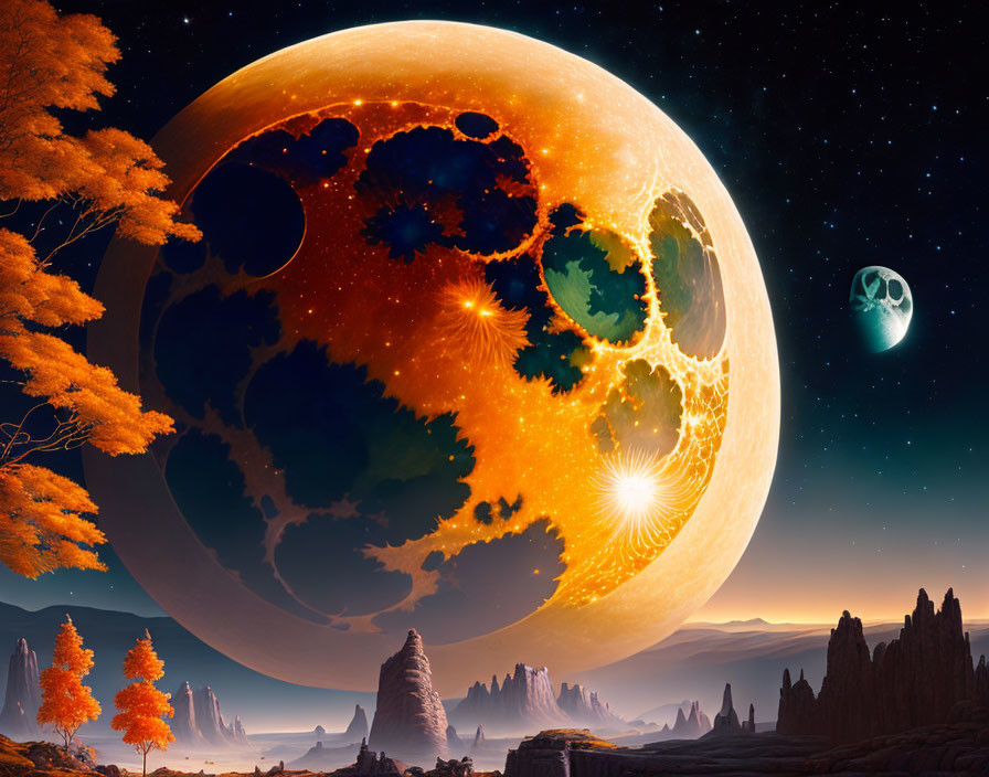 Fantastical landscape with giant orange moon, small moon, autumn trees, rocky spires, and