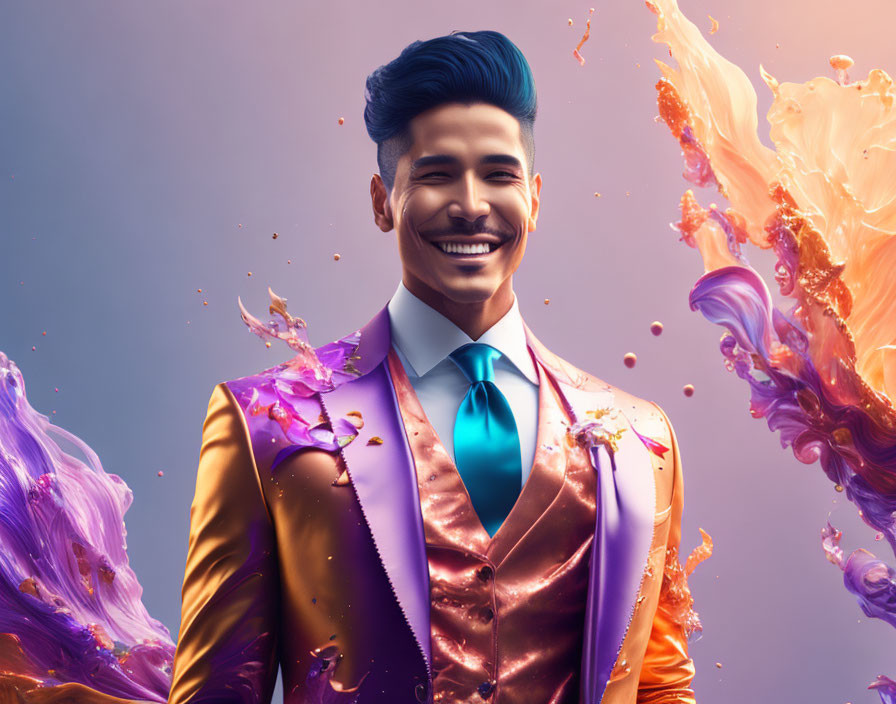 Colorful Liquid Splashes Surround Smiling Man