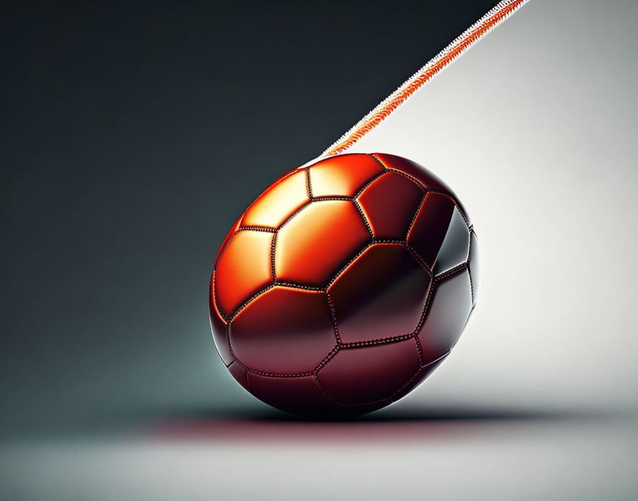 Shiny Reddish-Brown Soccer Ball on Pink Cord Against Grey Gradient Backdrop