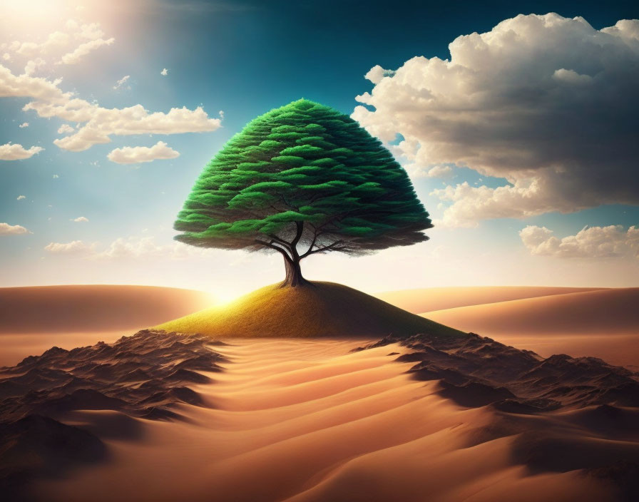 Solitary lush tree on sand dune under dramatic sky