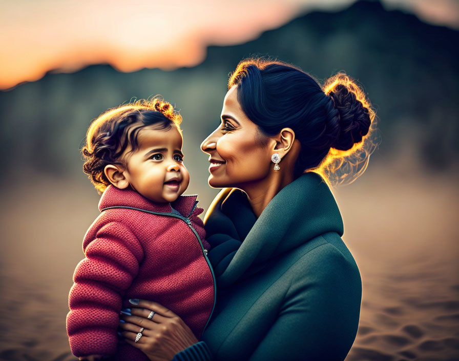 Mother and child lovingly gaze at each other in warm sunset setting