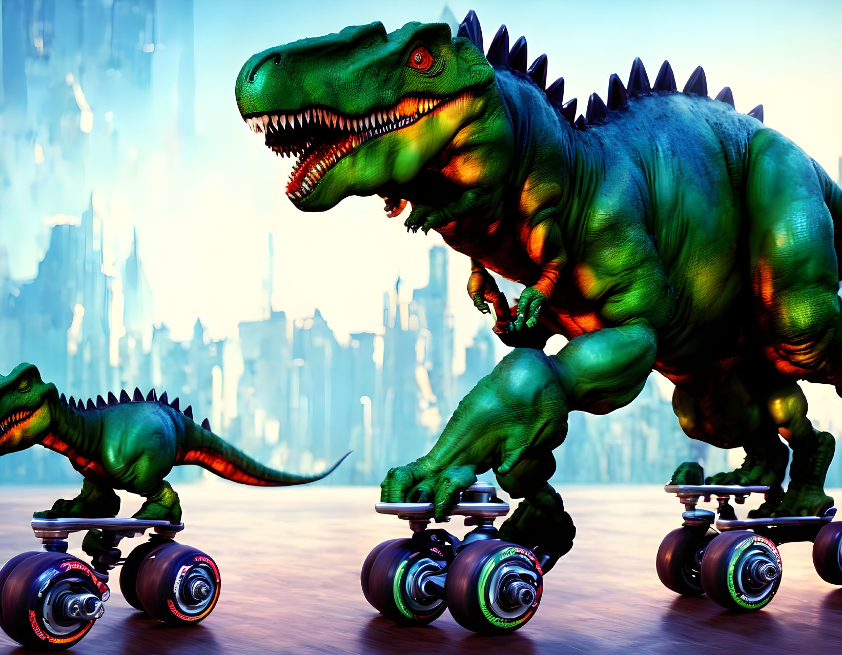 Dinosaurs on skateboards in futuristic cityscape