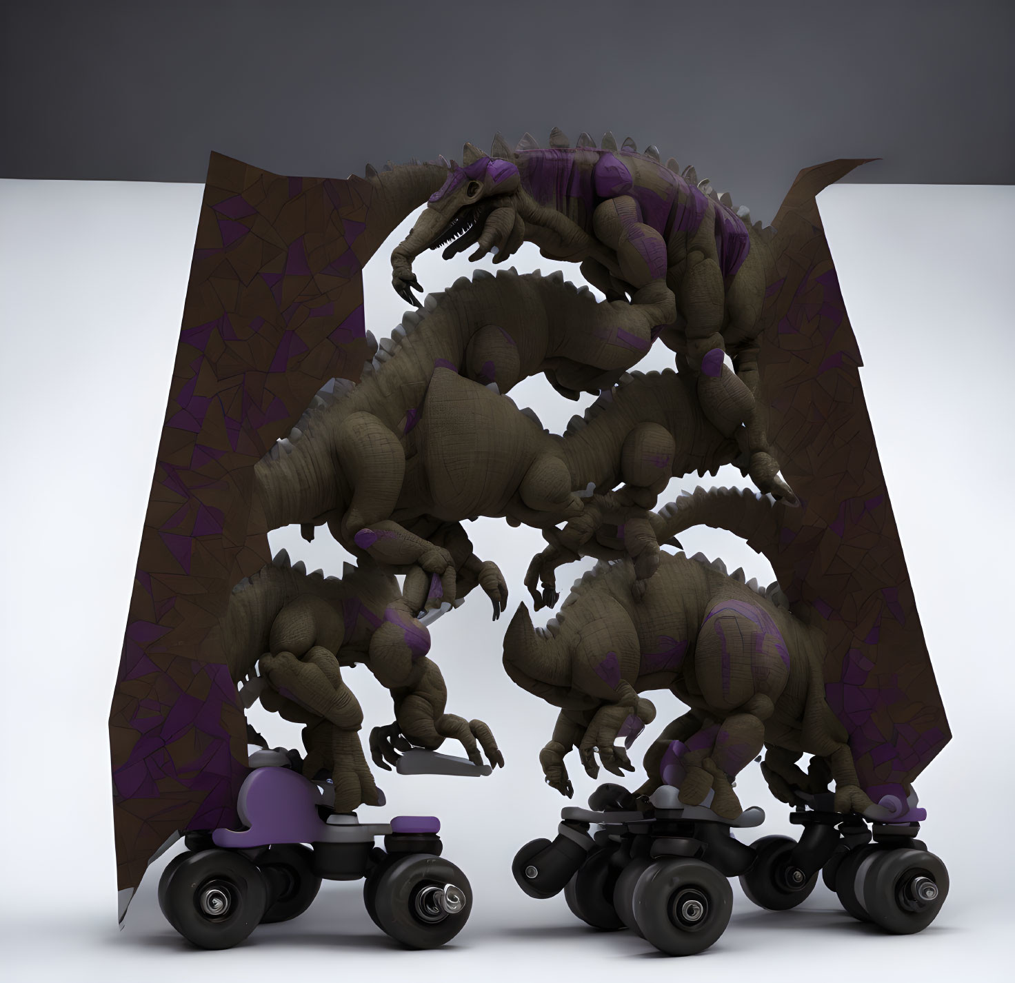 Multi-layered dinosaur figure on roller skates against light background