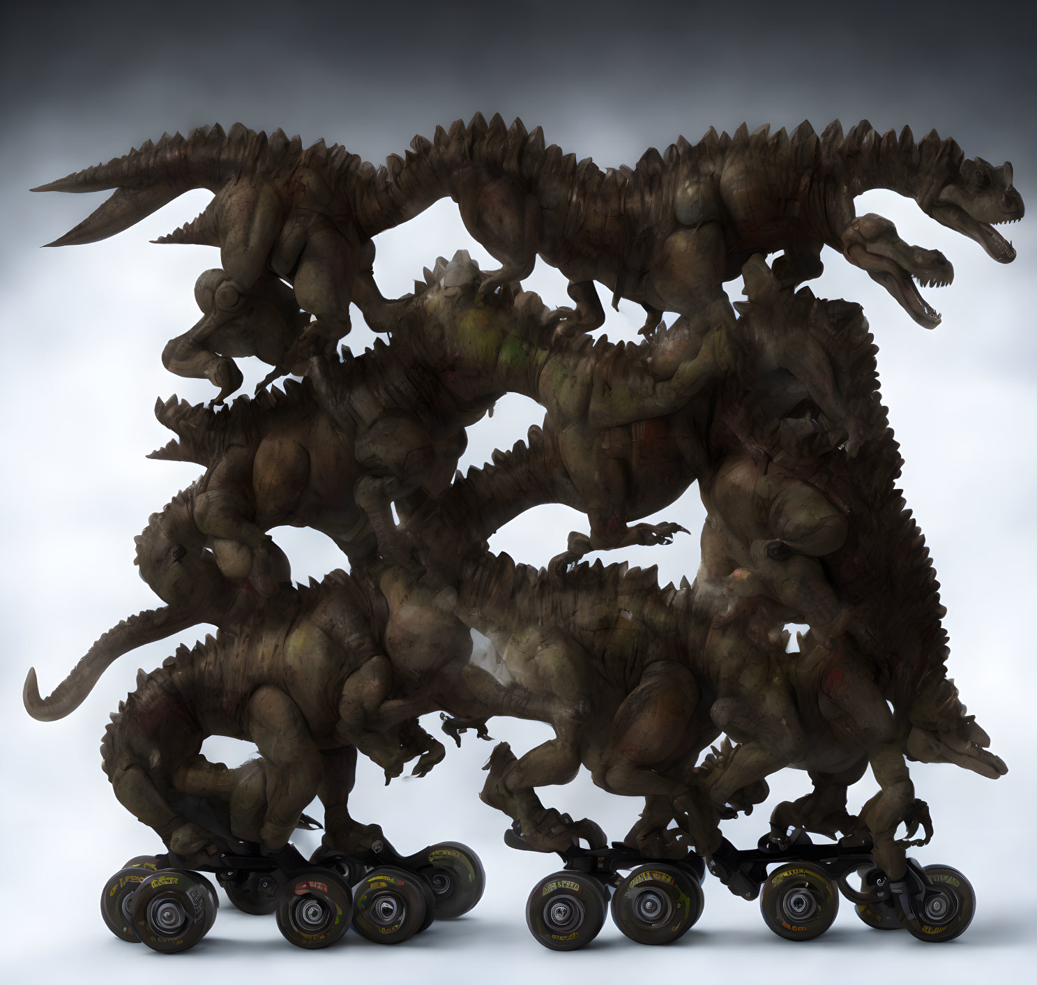 Surreal image: Dinosaurs morphed into roller skate with giant wheels