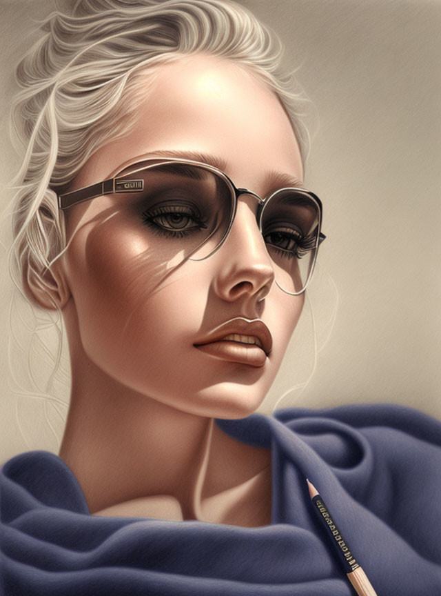 Digital portrait of woman with sunglasses and platinum blonde hair in blue garment.