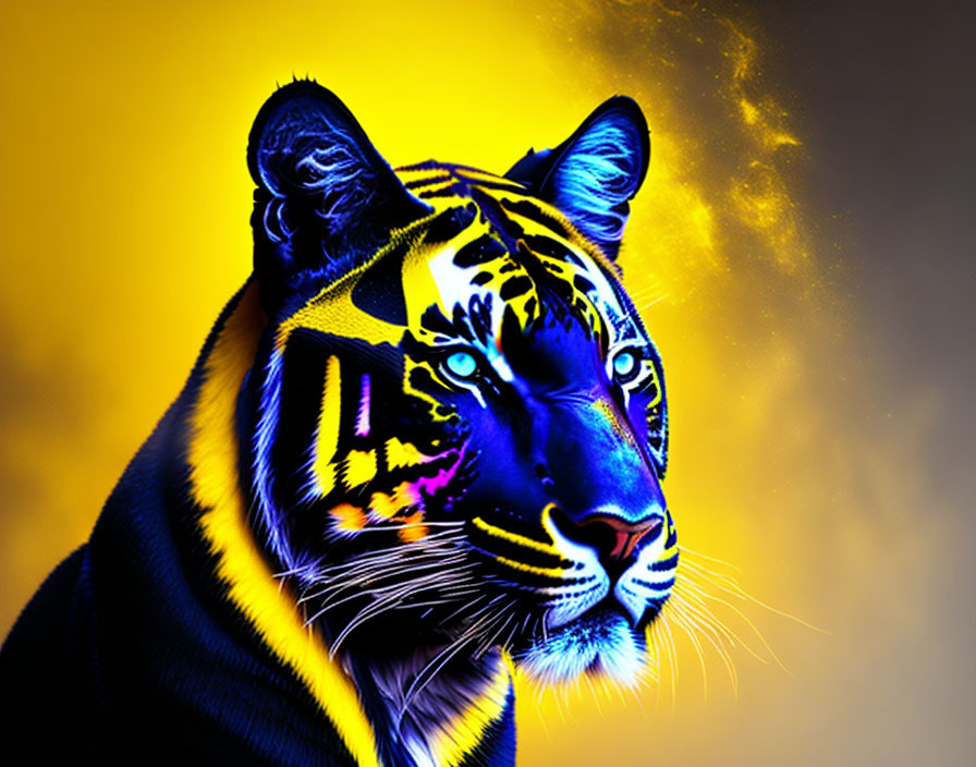 Vibrant blue and yellow tiger art on yellow background