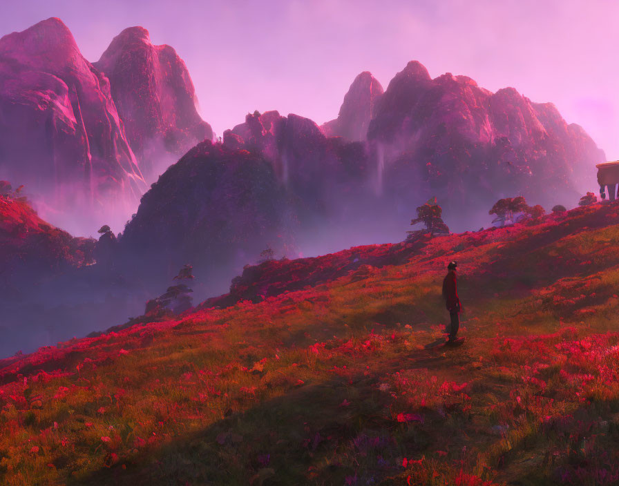 Person standing on vibrant pink grass, gazing at misty mountains at sunset