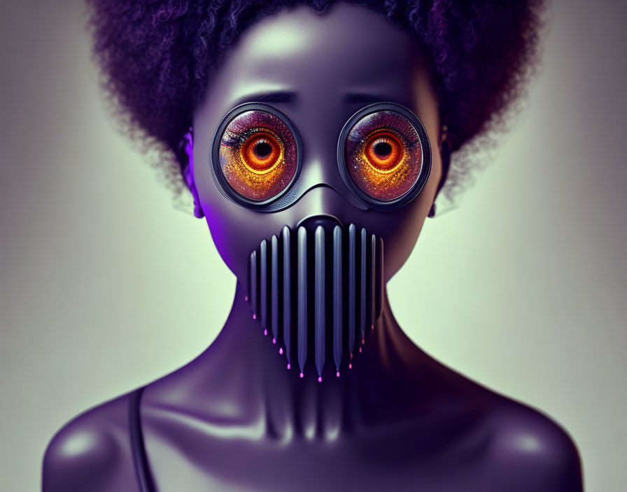 Digital Artwork: Figure with Oversized Glowing Eyes, Afro Hair, and Futuristic Mask