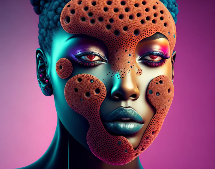 Vibrant digital artwork of a woman with patterned skin and colorful makeup