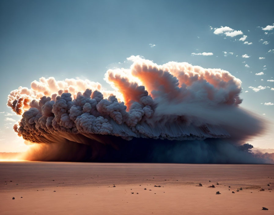 Massive dust storm rolling across barren landscape under tranquil blue sky