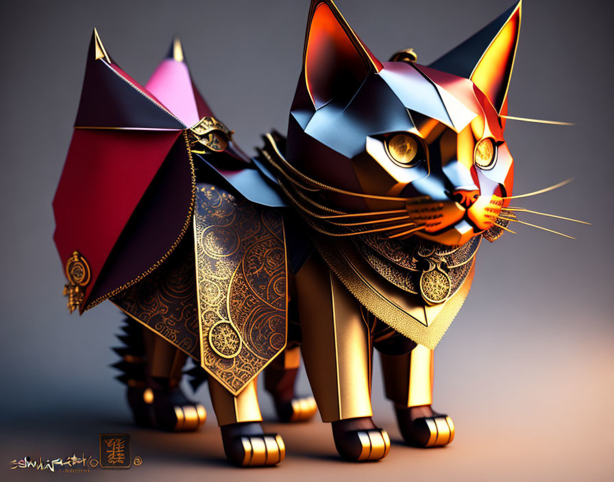 Stylized digital art: Cat with geometric patterns & ornate embellishments