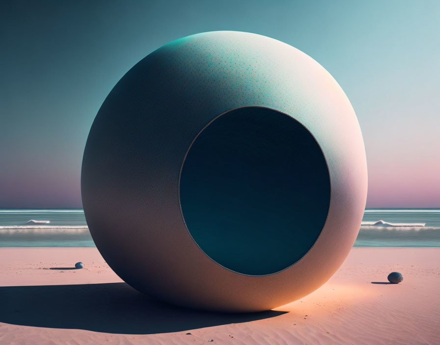 Spherical Object on Sandy Beach Under Pink Sky