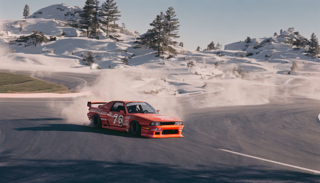 Red Race Car Drifting in Snowy Mountain Curve