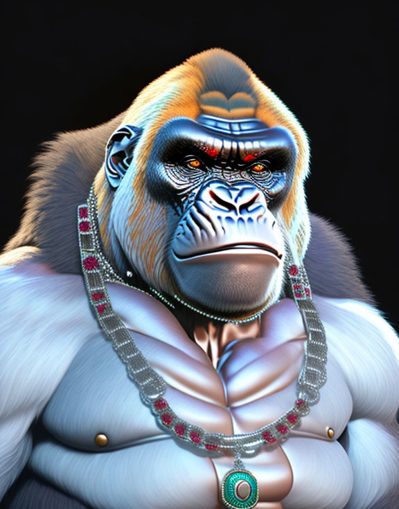 Detailed anthropomorphic gorilla illustration with ornate jewelry on dark background